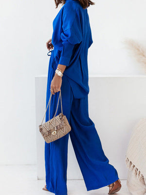 Ensemble deux pièces boutonné à manches longues, à poches, à col revers, à taille élastique, taille haute, couleur unie – chemise + haut + pantalon