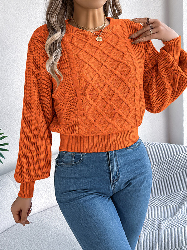 Taille élastiquée manches longues câble tricot couleur unie col rond haut en tricot pull hauts