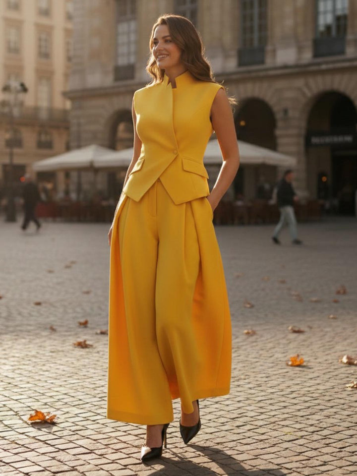 Pantalon ample plissé taille haute, à empiècements, couleur unie