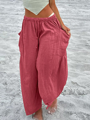Pantalon ample plissé taille haute, à cordon de serrage, à taille élastique, à poches, couleur unie