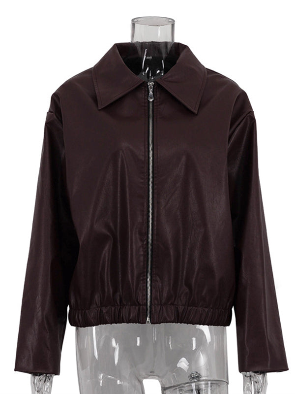 Veste ample à manches longues, à taille élastique, à fermeture éclair, à col revers, couleur unie