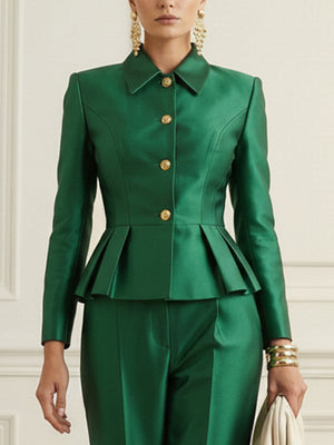 Chemisier boutonné volanté à taille élastique, taille haute, à empiècements, à col revers, couleur contrastée