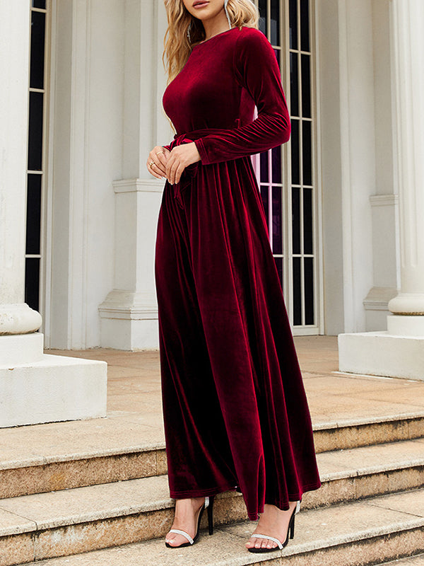 Robe longue plissée à manches longues, coupe portefeuille, avec ceinture, à fermeture éclair, à col rond, couleur unie