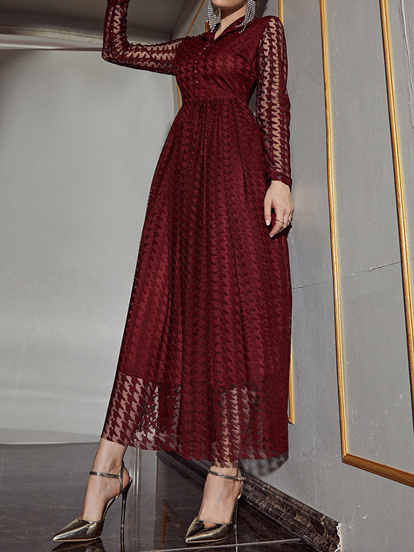 Robe longue boutonnée transparente taille haute, à manches longues, en gaze, à col en V, couleur unie