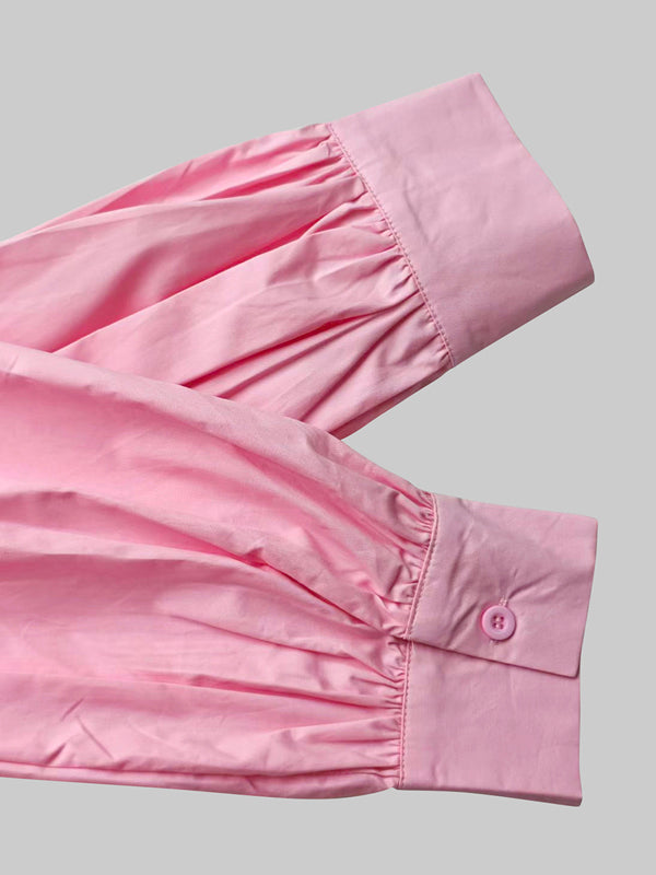 Robe mi-longue ample boutonnée plissée à manches longues, à poches, à col revers, couleur unie