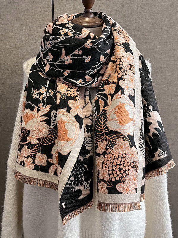 Écharpe chaude à franges, à fleurs en tricot