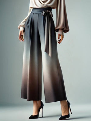 Pantalon ample décontracté à jambes larges, en dégradé, à taille nouée