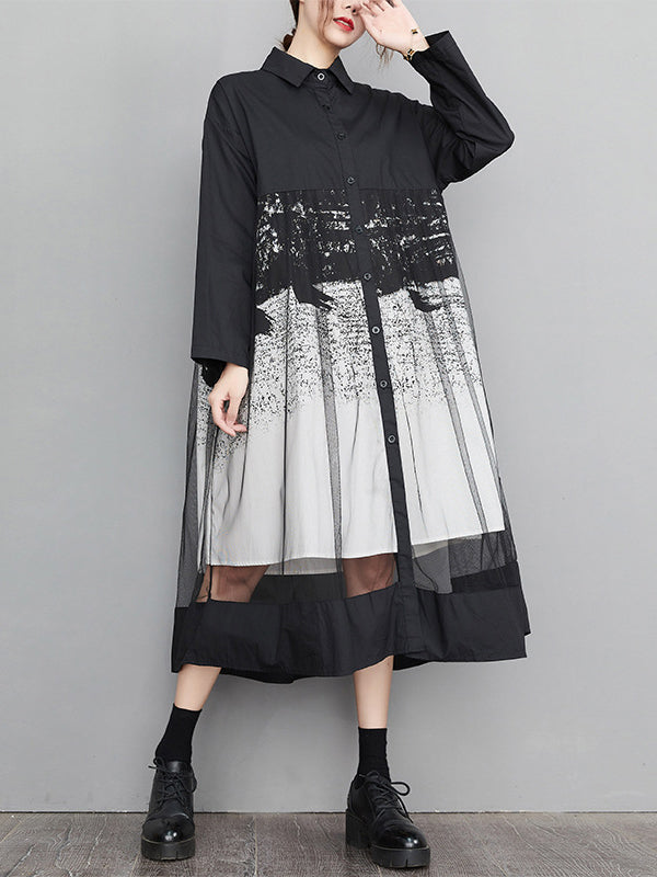 Robe mi-longue boutonnée imprimée coupe trapèze, à manches longues, en gaze, à empiècements, à col revers