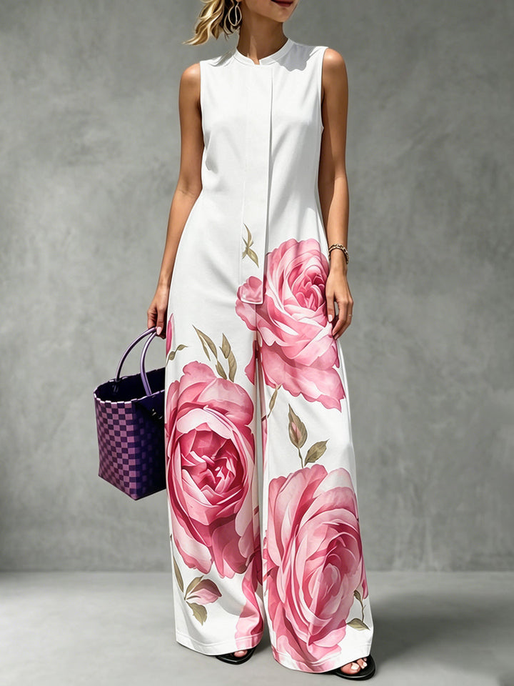 Combinaison ample plissée taille haute, à imprimé floral, à poches, à col rond