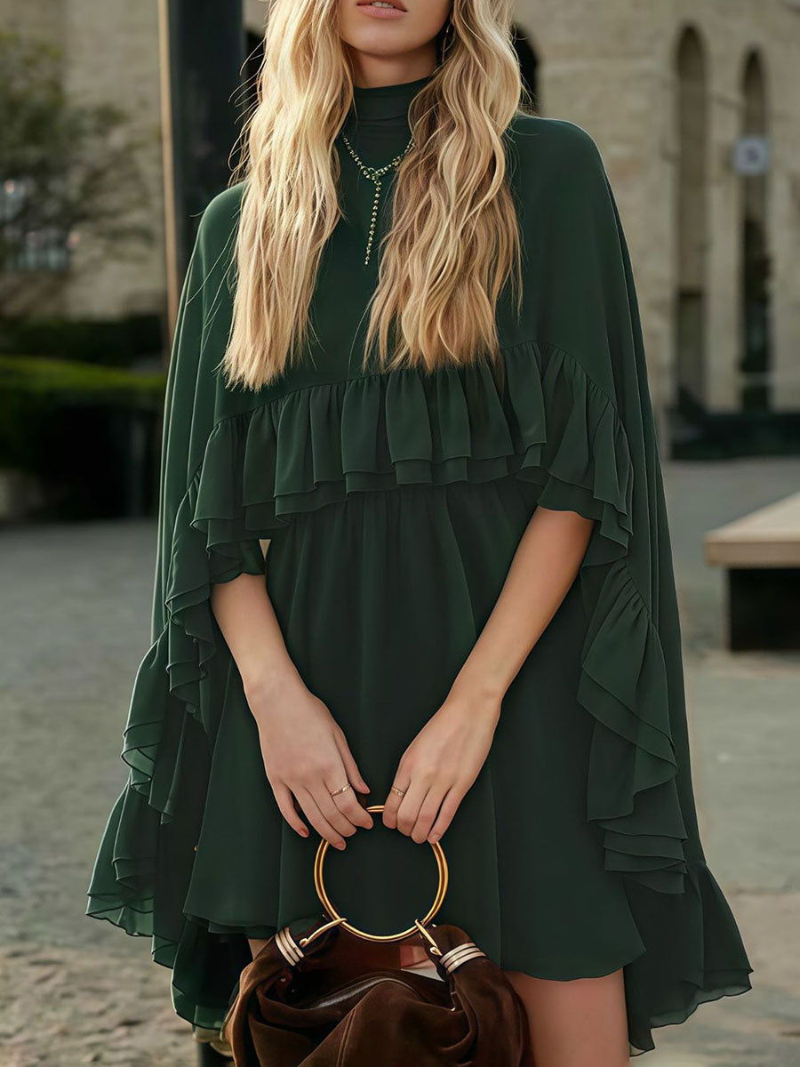 Robe courte ensemble deux pièces plissée volantée nouée taille haute, sans manches, à empiècements, à col cheminée, couleur unie