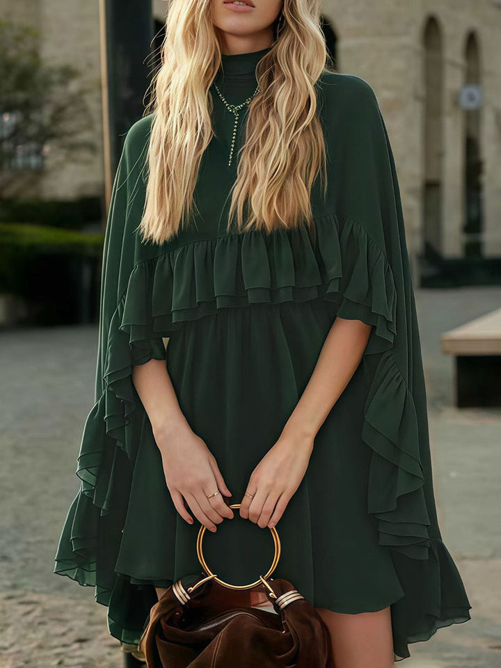 Robe courte ensemble deux pièces plissée volantée nouée taille haute, sans manches, à empiècements, à col cheminée, couleur unie