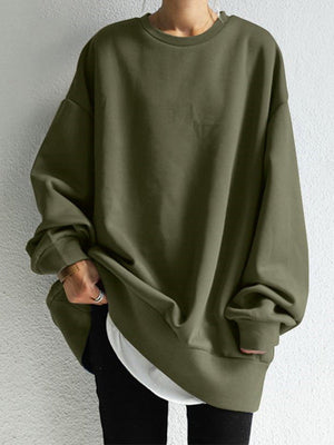 Sweat-shirt décontracté ample à col rond, couleur unie