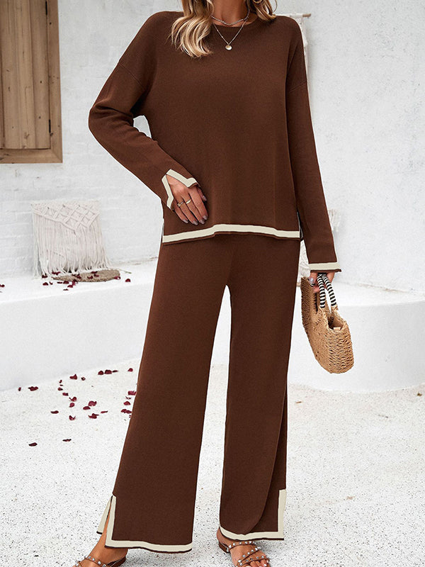Ensemble deux pièces fendu sur le côté à manches longues, à empiècements, à col rond, à ourlet plongeant, couleur contrastée – pull + pantalon