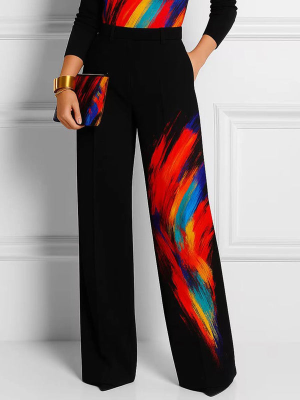 Pantalon imprimé à jambes larges, à poches, couleur contrastée