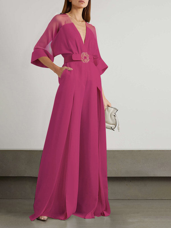 Combinaison fendue devant à taille nouée, taille haute, à col en V, couleur unie, couleur contrastée