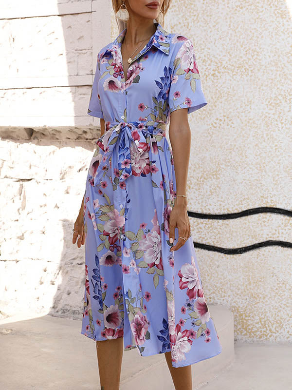 Robe mi-longue ample boutonnée coupe trapèze, à imprimé floral, à taille nouée, à col revers