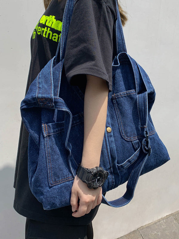 Sac décontracté en jean, à empiècements, couleur unie