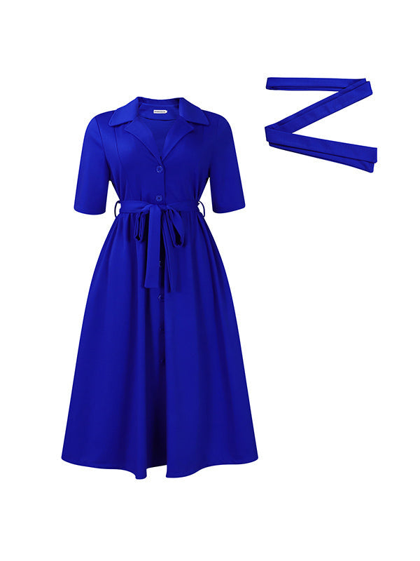 Robe mi-longue ample plissée coupe trapèze, à poches, à taille nouée, à col cranté, couleur unie
