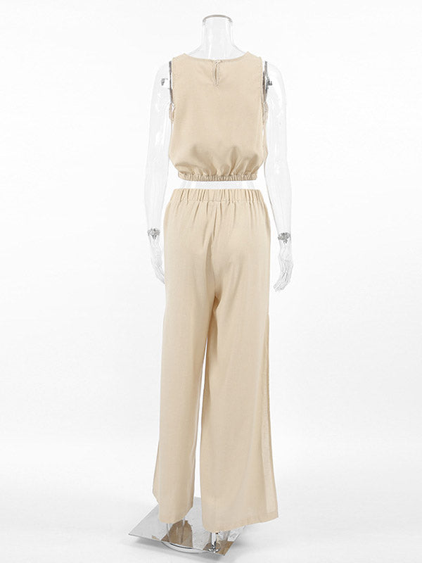 Ensemble deux pièces avec gilet à col rond et pantalon taille haute fendu sur le côté, élasticité ample, couleur unie