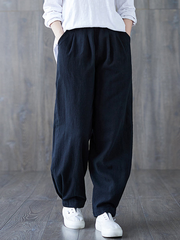 Pantalon simple ample décontracté à jambes larges, à taille élastique, couleur unie