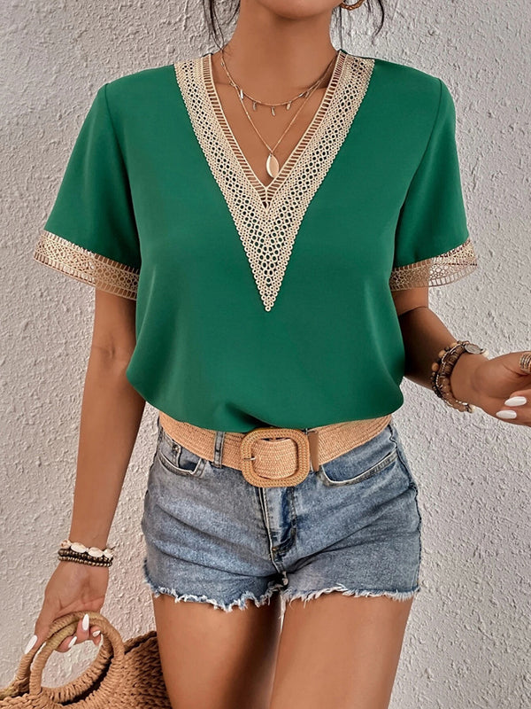 T-shirt décontracté ample en dentelle, à empiècements, à col en V