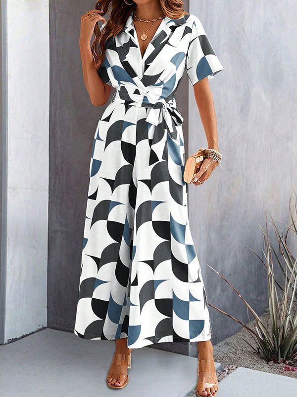 Combinaison ample boutonnée taille haute, à taille nouée, à col en V, couleur contrastée