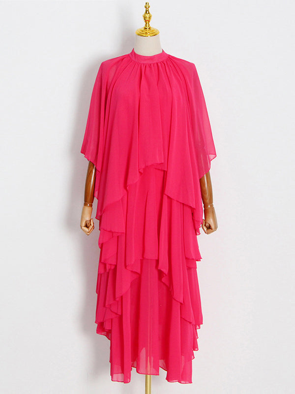 Robe longue ample à manches raglan, à volants étagés, à col montant, couleur unie