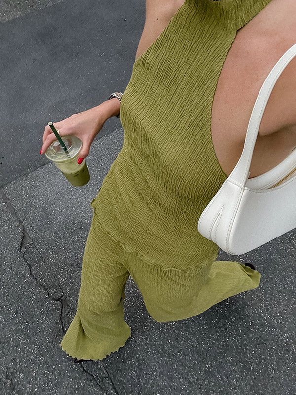 Ensemble deux pièces plissé sans manches, gilet asymétrique à col haut + pantalon à jambes larges, couleur unie