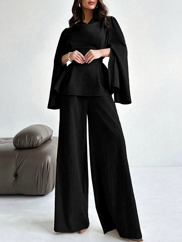 Pantalon ample taille haute, à empiècements, couleur unie
