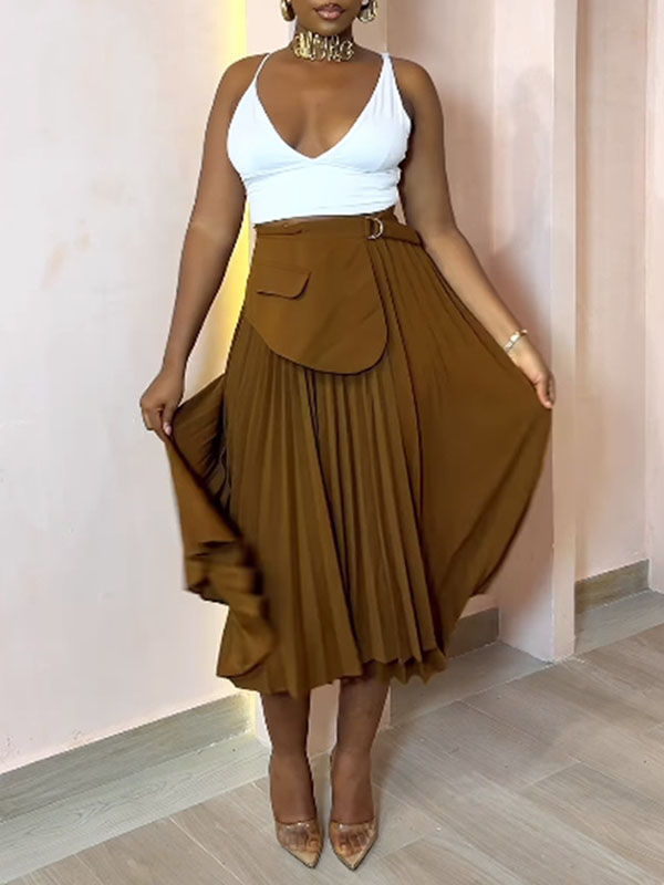 Jupe asymétrique plissée coupe trapèze, taille haute, à empiècements, couleur unie