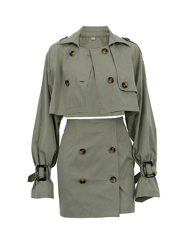 Ensemble deux pièces boutonné moulant à manches longues, à boucle, à empiècements, à col revers – veste + haut + jupe + bas