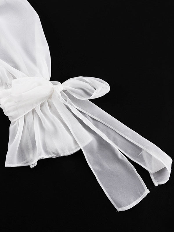 Robe longue plissée transparente à manches évasées, coupe près du corps, en gaze, à empiècements, à col carré, couleur unie
