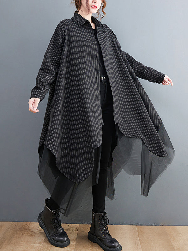 Robe ample rayée longue en gaze, à empiècements, à col revers