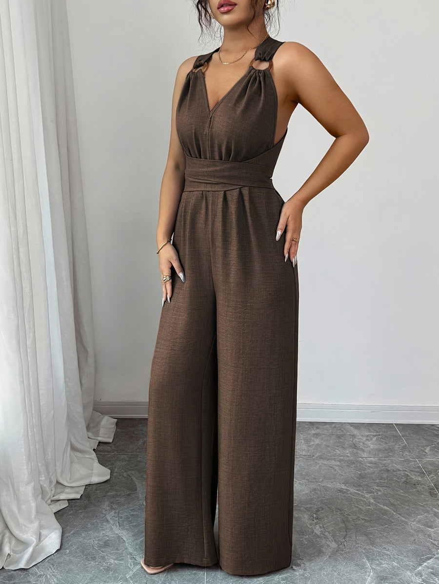 Combinaison nouée taille haute, sans manches, dos nu, à fines bretelles, couleur unie
