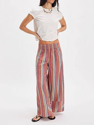 Pantalon imprimé rayé à taille élastique, taille haute, à empiècements, couleur contrastée