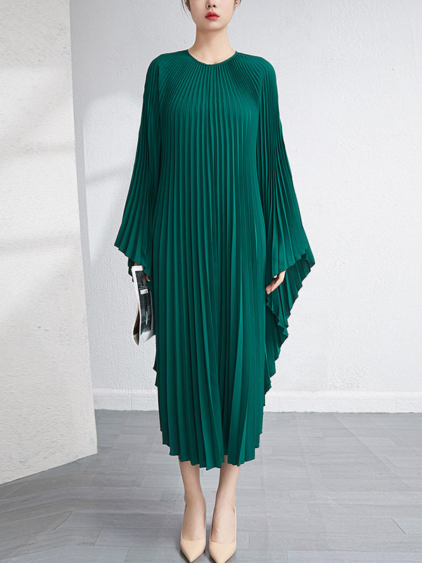 Robe longue ample plissée à manches chauve-souris, couleur unie