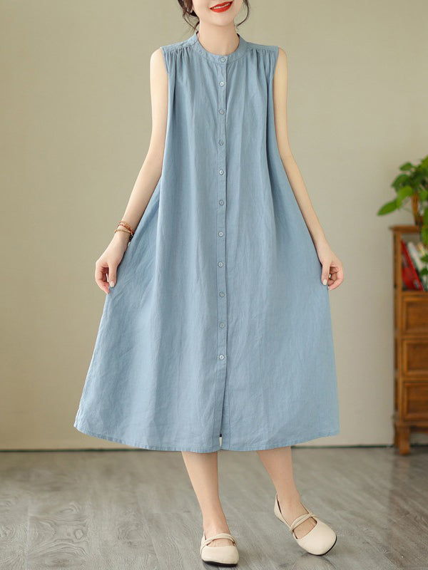 Robe mi-longue boutonnée plissée coupe trapèze, sans manches, à col rond, couleur unie