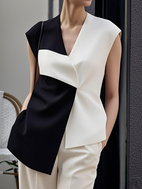 Débardeur ample asymétrique sans manches, à col en V, couleur contrastée