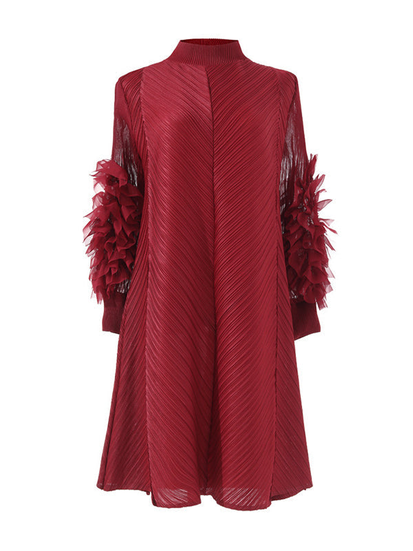Robe mi-longue ample brodée plissée à manches longues, à col rond, couleur unie