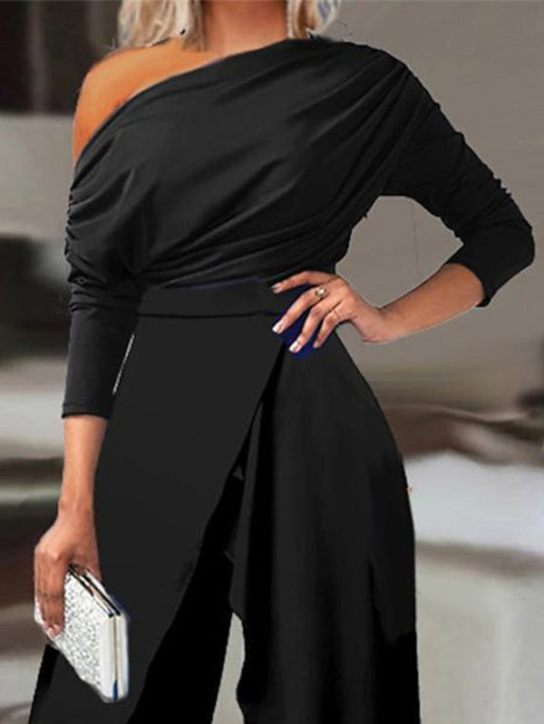 Ensemble deux pièces asymétrique à une épaule, à manches longues, taille haute, à jambes larges, couleur unie – t-shirt + pantalon