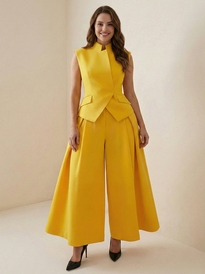 Pantalon ample plissé taille haute, à empiècements, couleur unie