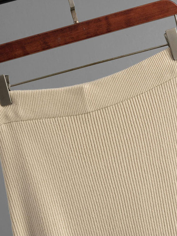 Ensemble deux pièces ample ajouré à manches bouffantes, à taille élastique, couleur unie – pull + jupe
