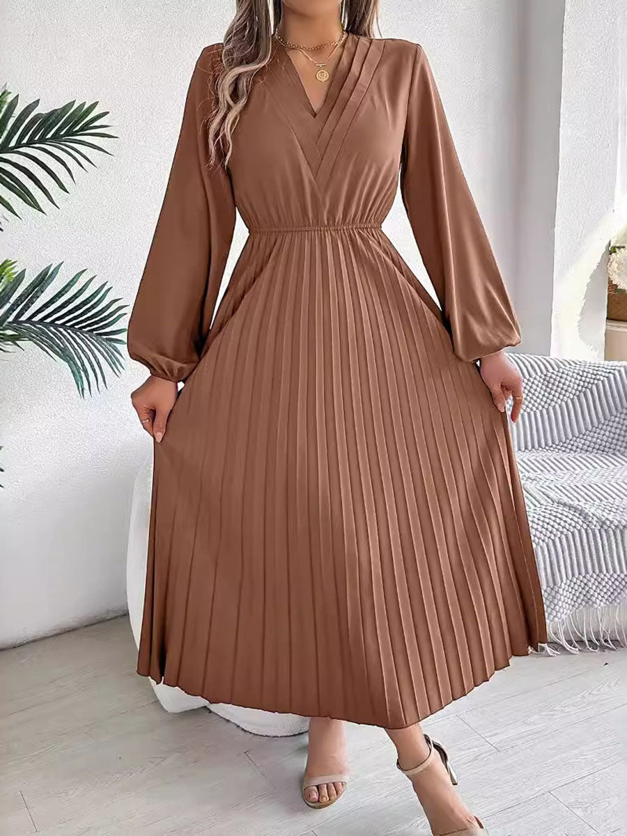 Robe longue plissée coupe trapèze, taille haute, à taille élastique, à col en V, couleur unie