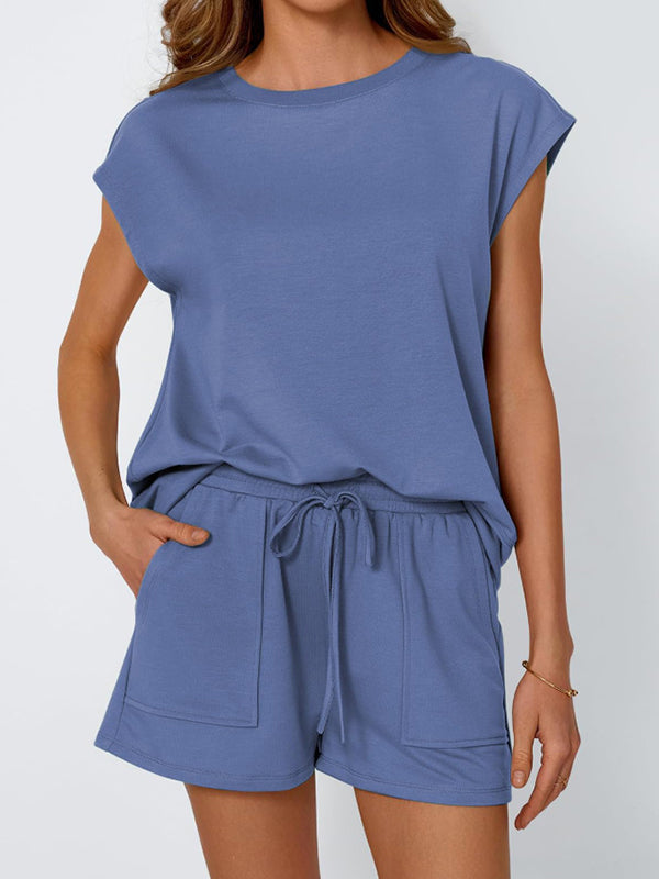 Ensemble deux pièces ample à manches raglan, à empiècements, à col rond, à cordon de serrage, à taille élastique, couleur unie – t-shirt + short