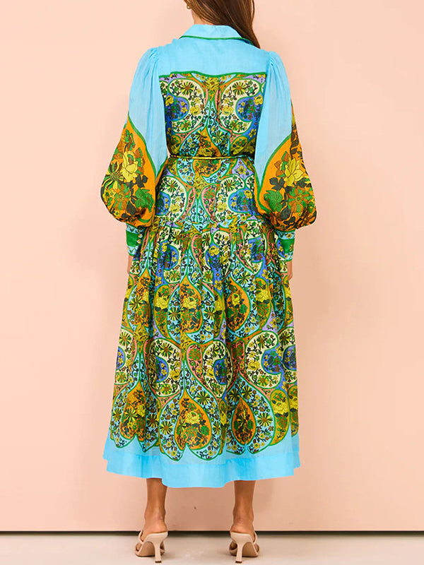 Robe mi-longue ample taille haute, à manches bouffantes, avec ceinture, à imprimé floral, à col revers