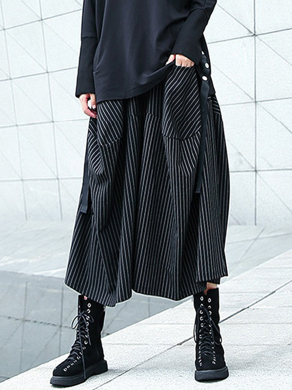 Pantalon jupe-culotte rayé taille haute avec poches élastiques amples