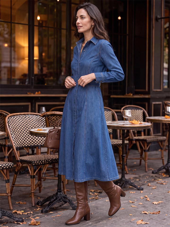 Robe mi-longue boutonnée à empiècements, à poches, à manches longues, taille haute, à col revers, couleur unie