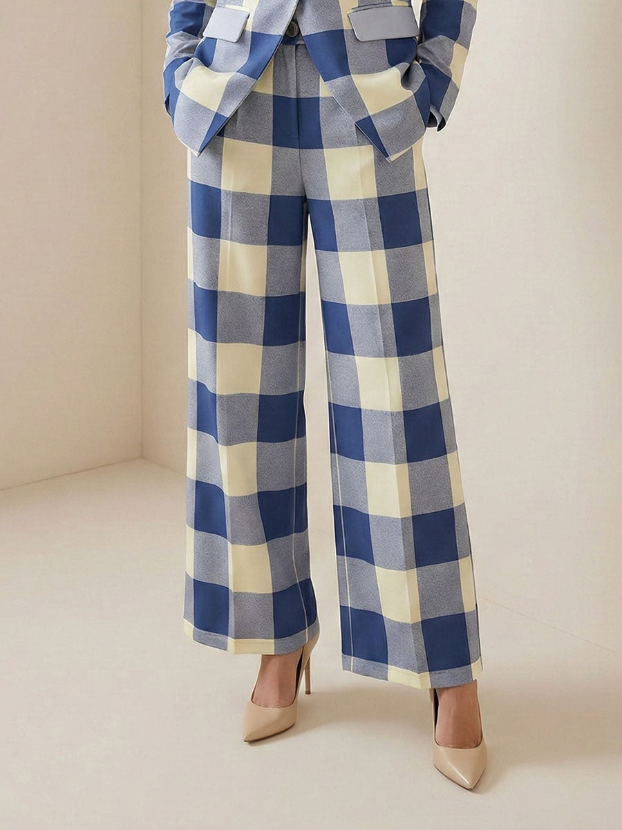 Pantalon ample à jambes larges, à taille élastique, à carreaux, couleur contrastée