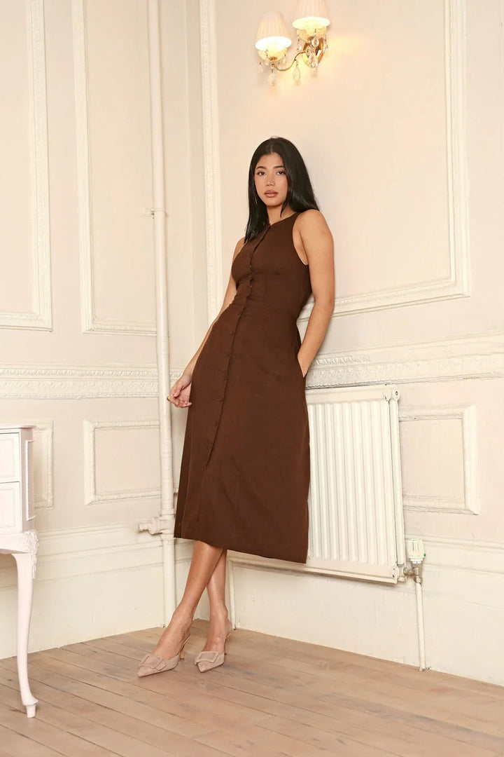 Robe Midi Sans Manches Ariane avec Boutons