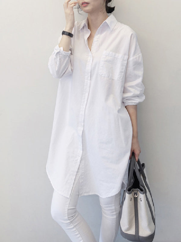 Bureau Manches Longues Couleur Unie Revers Blouses Robe Chemise